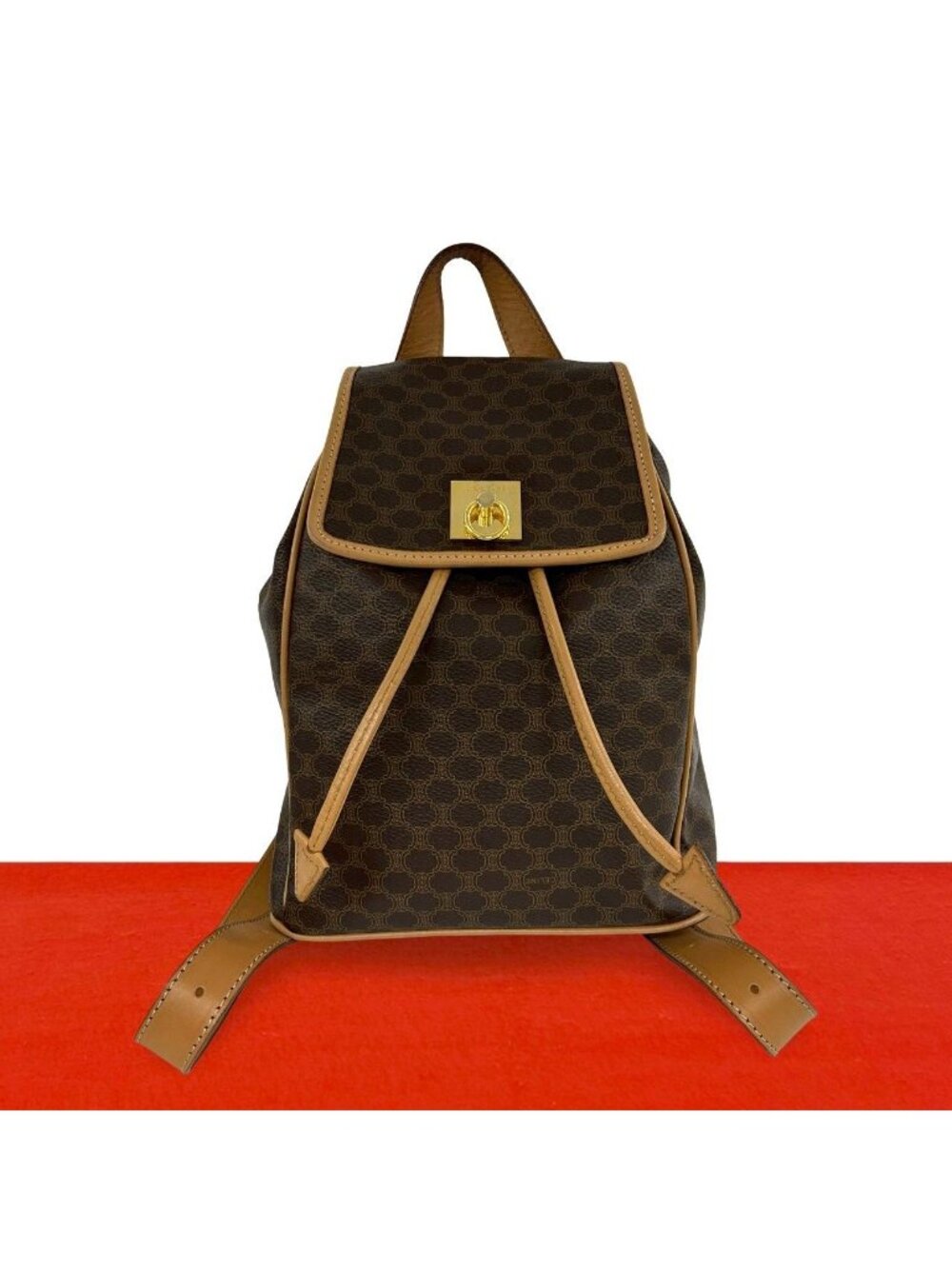Celine Vintage Macadam Blason Triomphe Pattern Logo Ring Leather Backpack Brown
